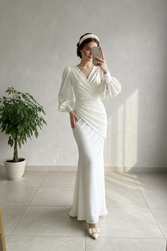 Vestido Blanco Largo Escote V Cruzado Manga Puff con Perlas y Sirena cod.480