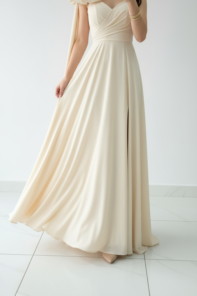 Vestido de Gala Champagne con Moño y Abertura - Elegante Drapeado Largo cod.346