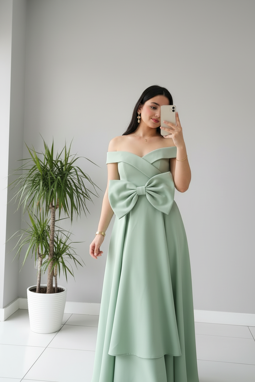 Vestido de Gala Verde Menta Off-Shoulder con Moño Gigante y Falda en Capas - Elegante Largo cod.363