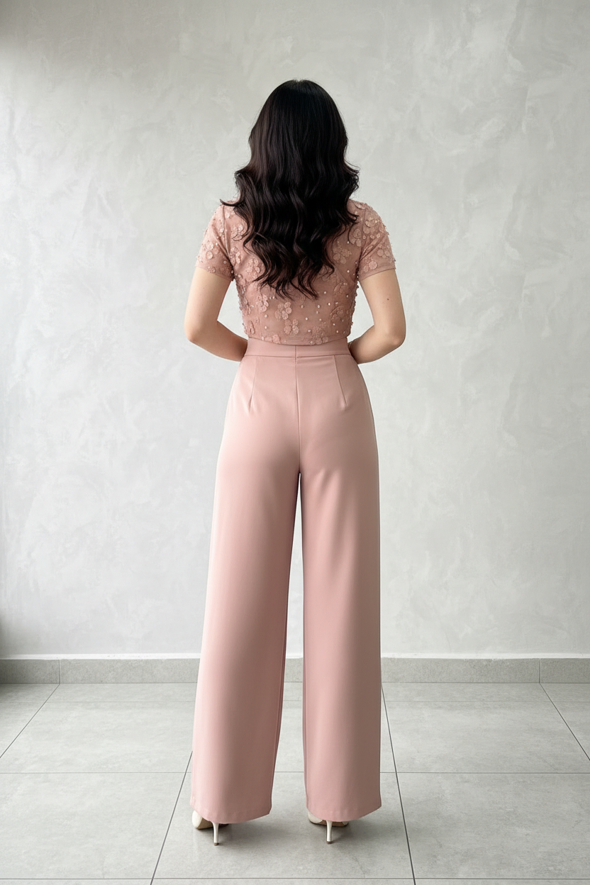 Conjunto Premium nude Pink : Top Crop con Flores 3D y Perlas + Pantalón Pierna Ancha cod.312