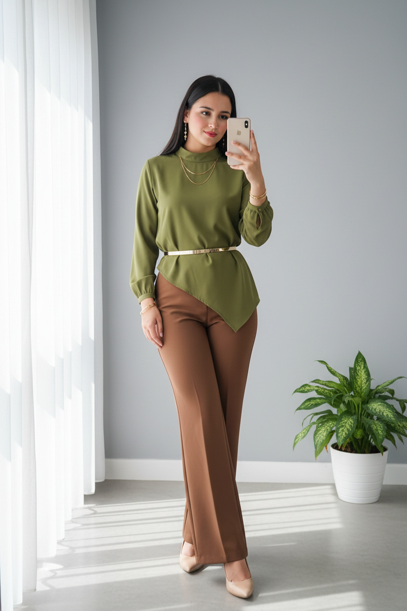 Blusa Verde Oliva Cuello Alto Manga Larga Dobladillo Asimétrico cod.759
