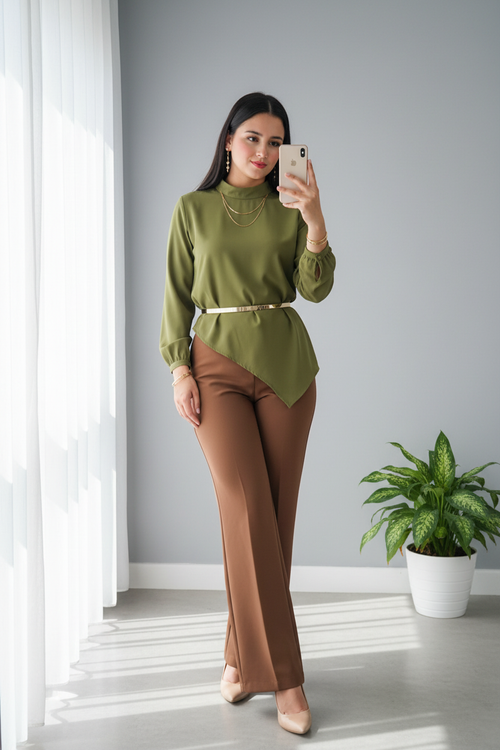 Blusa Verde Oliva Cuello Alto Manga Larga Dobladillo Asimétrico cod.759