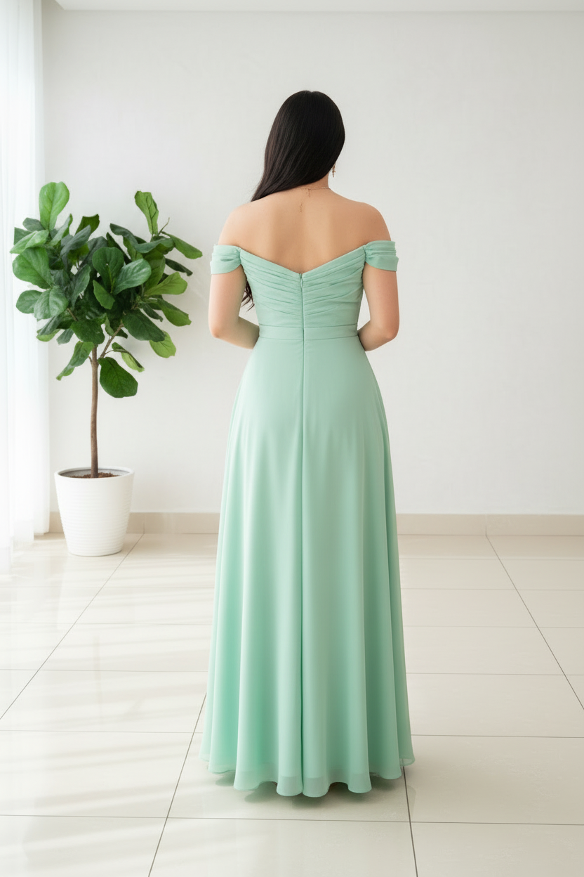 Vestido Largo Verde Menta Off-Shoulder con Volante Asimétrico cod.427
