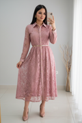 Vestido Rosa Palo Encaje Camisero Midi con Cinturón Dorado cod.V293