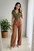 Conjunto 2 Piezas Top Verde Oliva Rosa 3D y Palazzo Terracota cod.00137