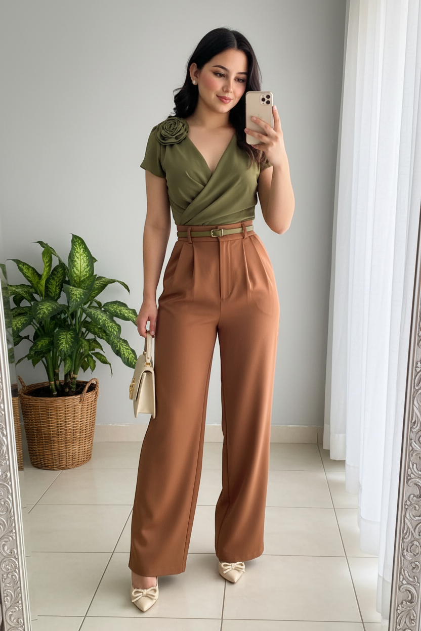 Conjunto 2 Piezas Top Verde Oliva Rosa 3D y Palazzo Terracota cod.00137