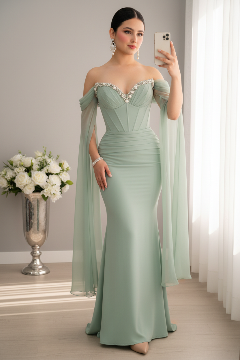 Vestido Largo Verde Agua Off-Shoulder con Capa de Chifón y Cristales cod.V955