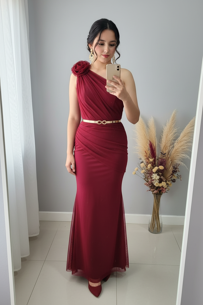 Vestido Sirena Un Hombro Burdeos Rosa D cod.V399