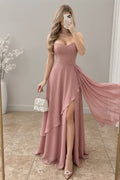 Vestido largo rosa mauve strapless con abertura y caída lateral cod. VC018