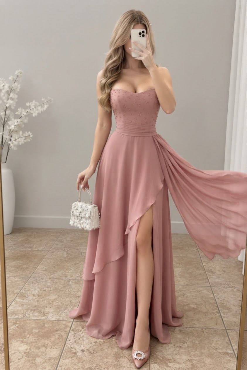 Vestido largo rosa mauve strapless con abertura y caída lateral cod. VC018
