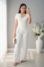 Enterizo Blanco Escote V Cruzado Flor 3D Palazzo | EB-023