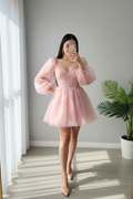Vestido Rosa Pastel Corsé Manga Puff Bishop con Falda Organza Mini cod.983