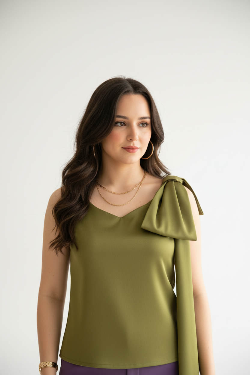 Blusa Elegante Verde Oliva con Moño en Hombro - Sofisticada y Versátil cod.330