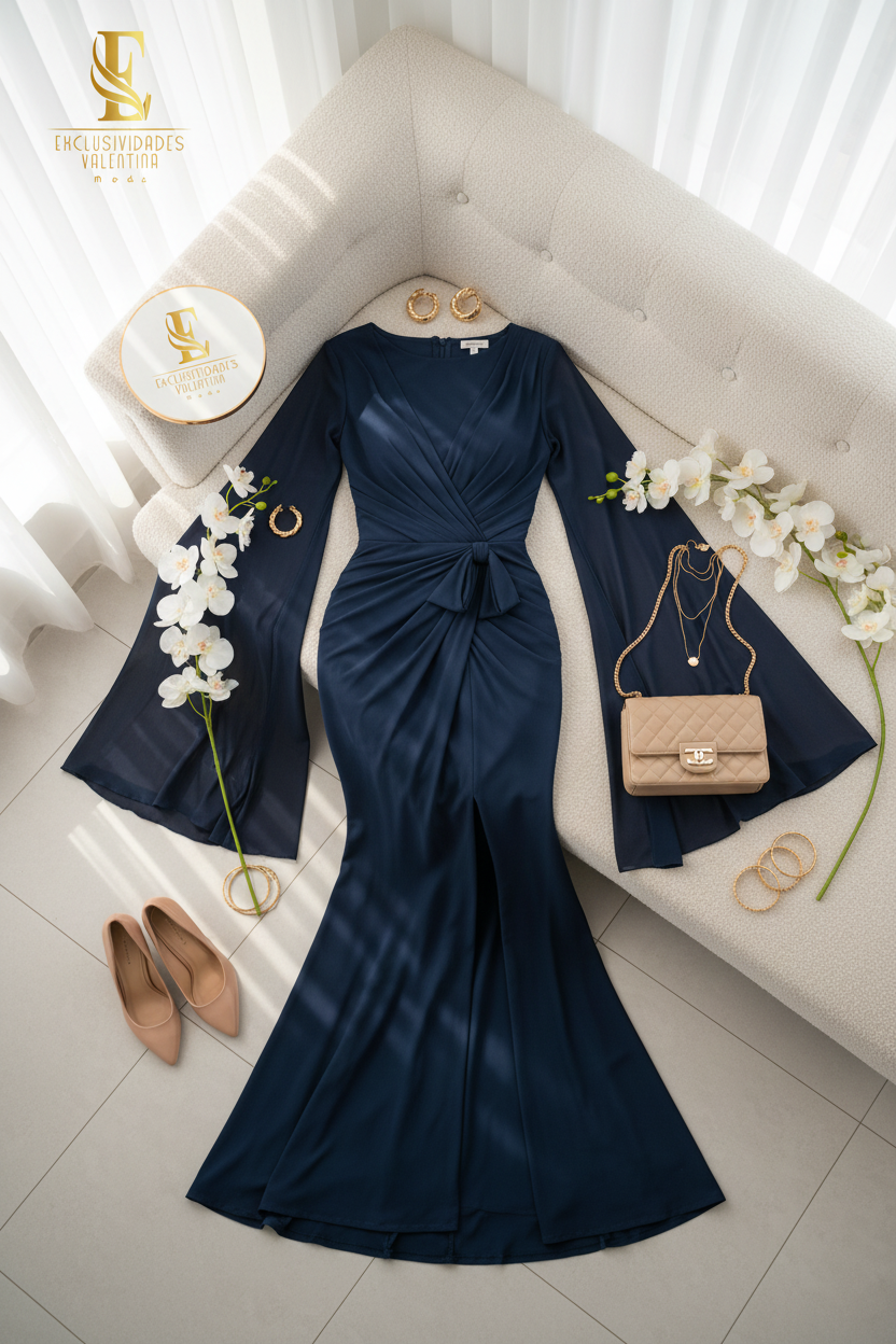 Vestido de Gala Azul Marino Tipo Corsé con Cola y Abertura cod.295