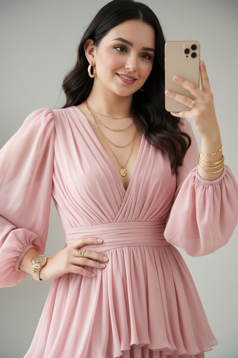 Vestido Romántico Rosa Palo con Volantes en Capas y Mangas Globo - Elegante Largo cod.356