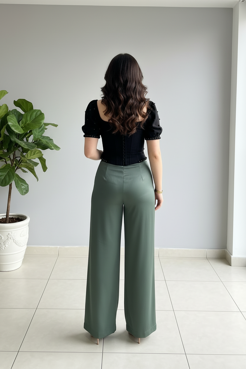 Conjunto Elegante: Top Negro con Tachuelas + Pantalón Verde Salvia Pierna Ancha - Sofisticado cod.337