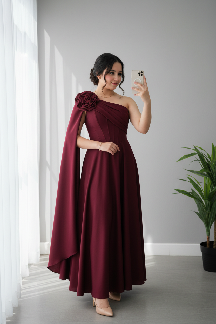 Vestido Vino Tinto Un Hombro con Capa y Rosa D cod.717