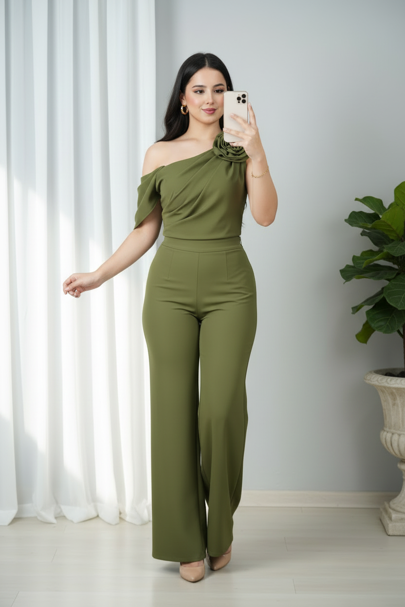 Conjunto Verde Olivo — Blusa Rosa & Palazzo cod.0027
