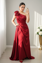Vestido Rojo Vino Hombro Único Rosas 3D Drapeado y Cola — Gala y Eventos de Lujo cod.0070