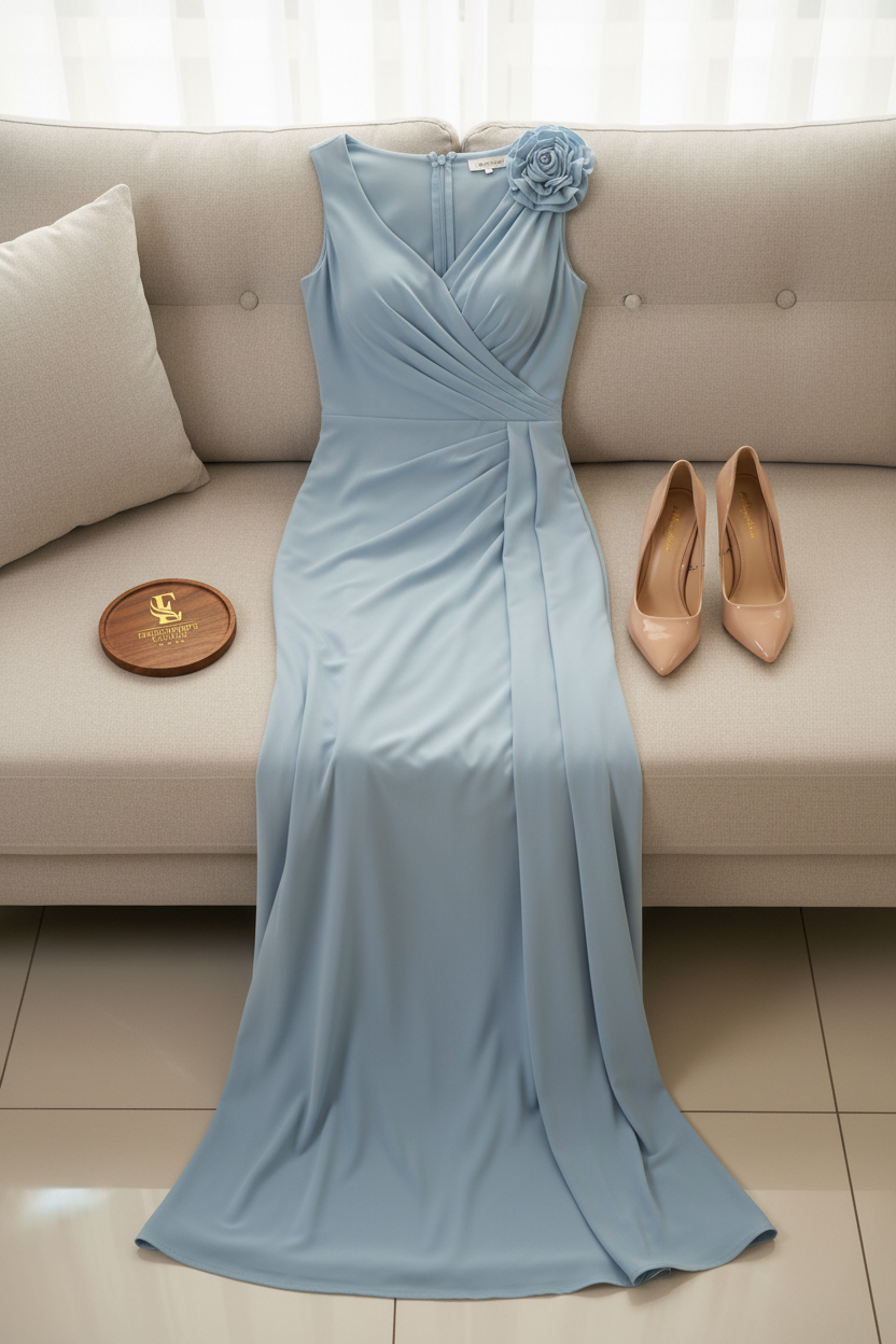 Vestido Largo Azul Cielo Sin Mangas Escote V Cruzado con Rosa 3D y Falda Drapeada cod.476