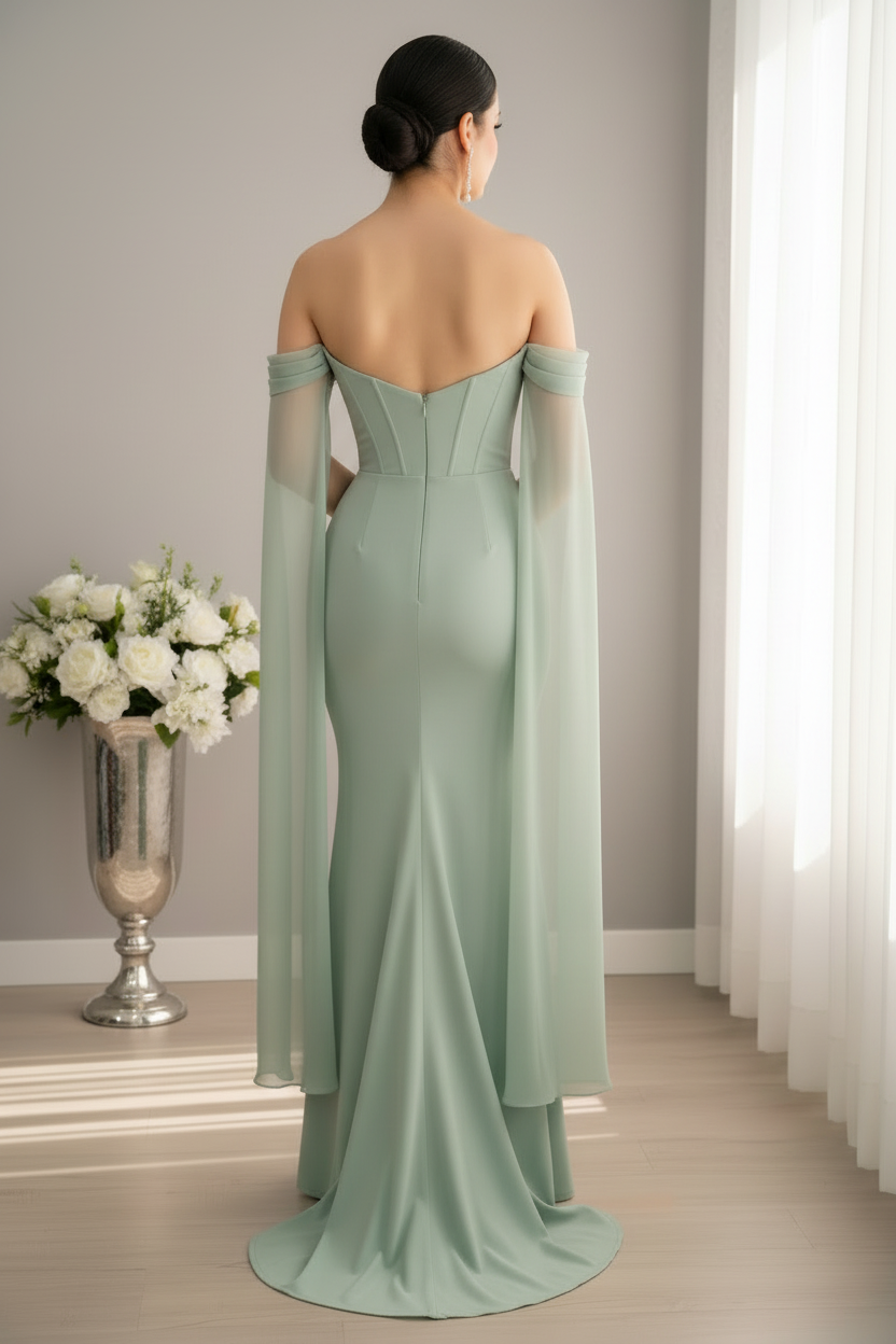 Vestido Largo Verde Agua Off-Shoulder con Capa de Chifón y Cristales cod.V955