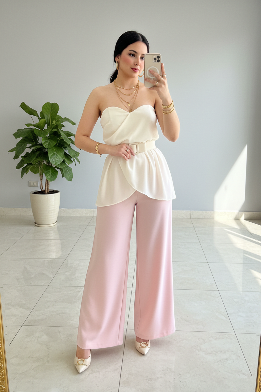 Blusa Peplum Marfil Strapless con Cinturón - Elegante y Sofisticada cod.308