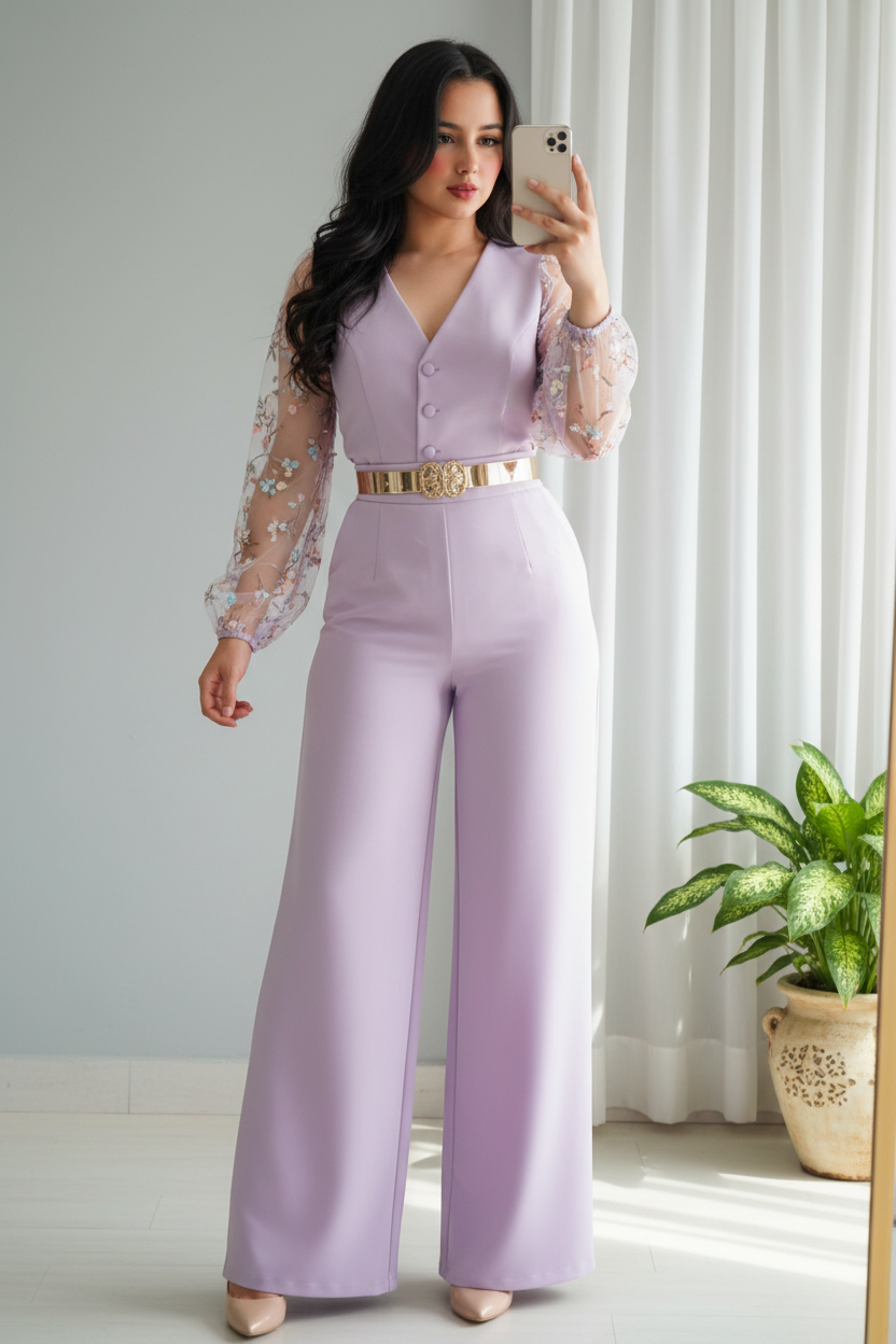 Conjunto Lila — Top Chaleco Mangas Bordadas & Palazzo cod.0043