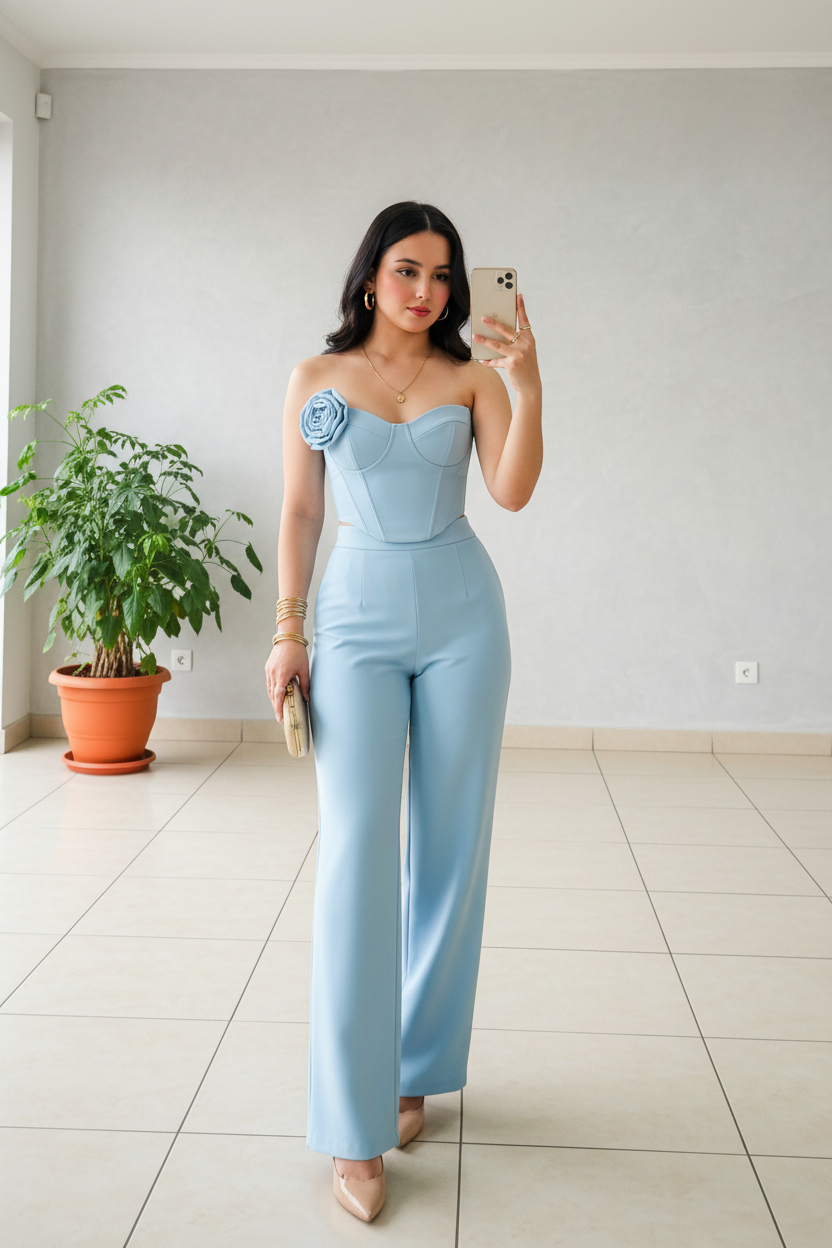Conjunto Elegante Azul Celeste: Corsé con Rosa 3D + Pantalón Pierna Ancha - Sofisticado cod.343