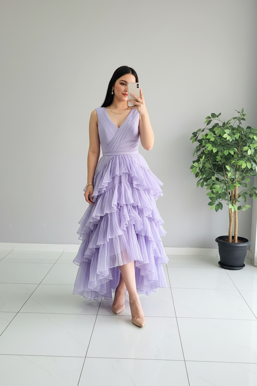 Vestido Lila de Tul con Volantes en Cascada y Escote V cod.401