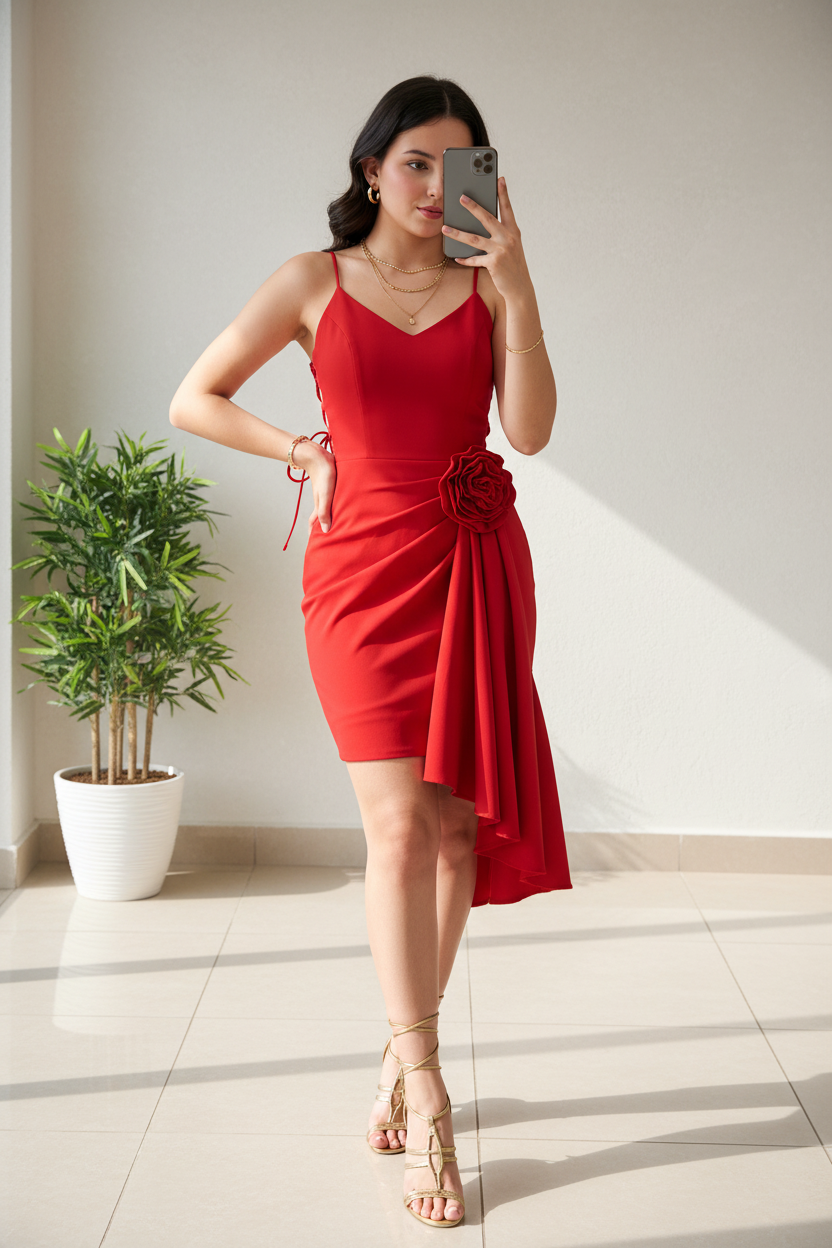 Vestido Rojo Mini Tirantes con Rosa 3D y Falda Wrap Asimétrica cod.466