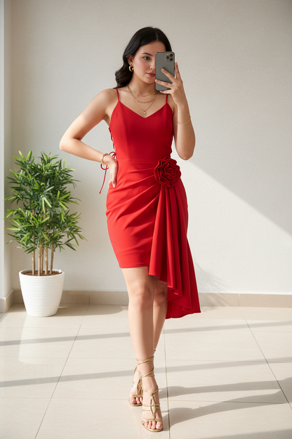 Vestido Rojo Mini Tirantes con Rosa 3D y Falda Wrap Asimétrica cod.466