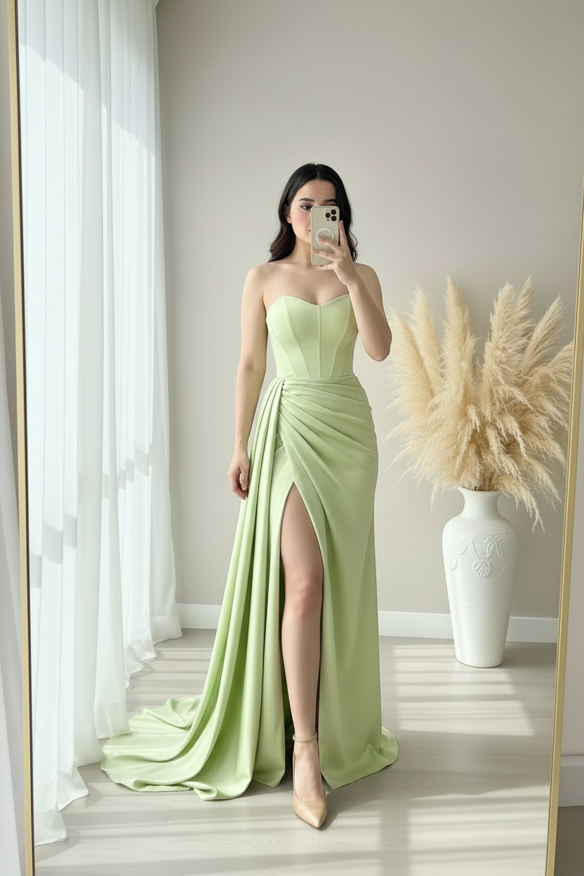 Vestido Verde Menta Strapless Corsé Drapeado Abertura cod.00101