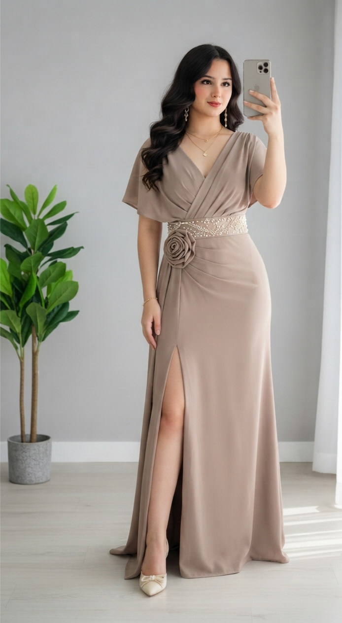 Vestido Topo con Faja de Perlas, Rosa 3D y Manga Mariposa