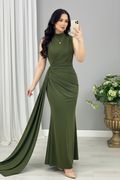 Vestido Verde Cazador — Cuello Alto Drapeado Cruzado con Cola Lateral cod.0052