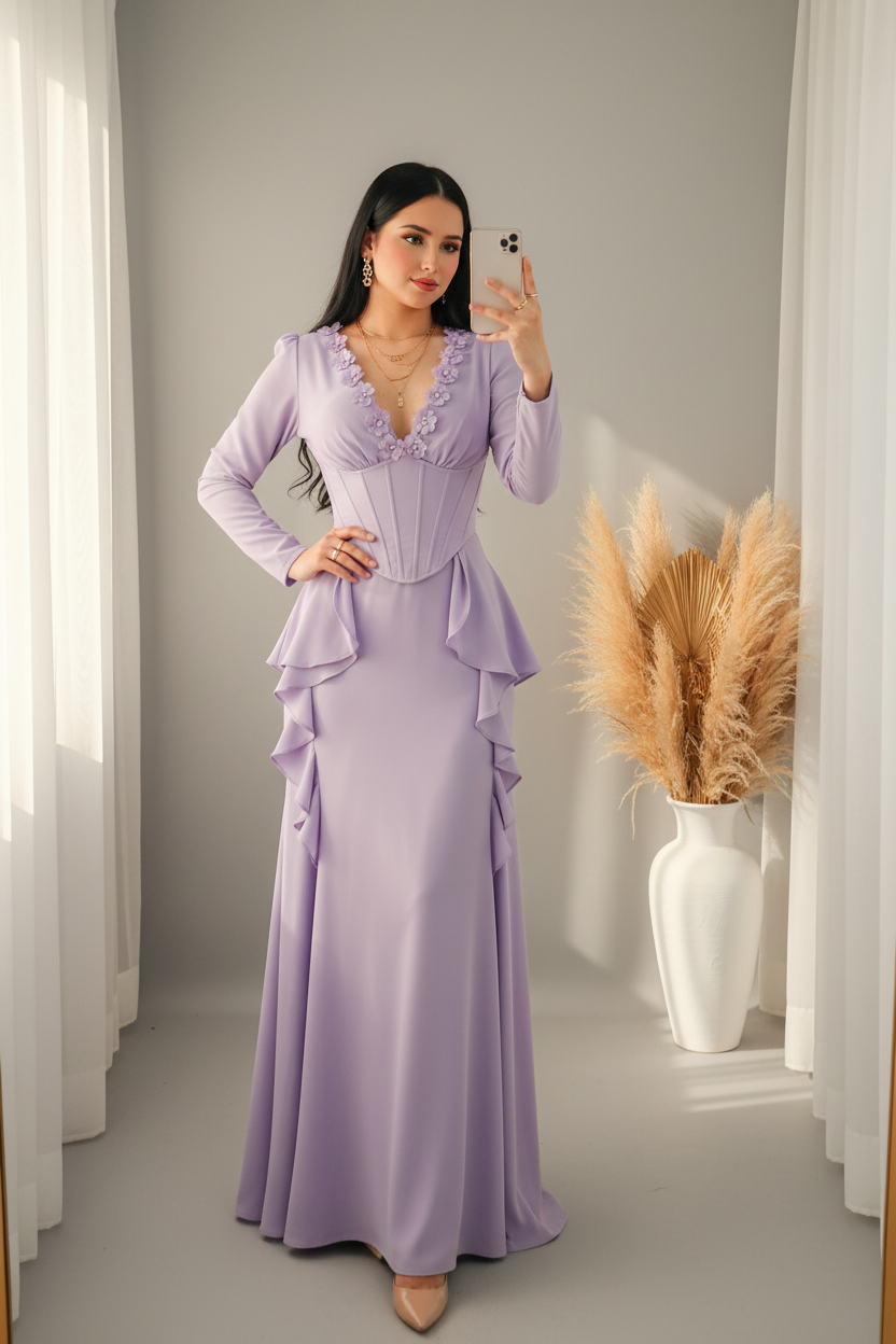 Vestido Lavanda Corset Escote V Flores D cod.00168