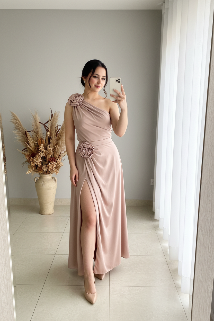 Vestido Nude Un Hombro con Rosas 3D V508