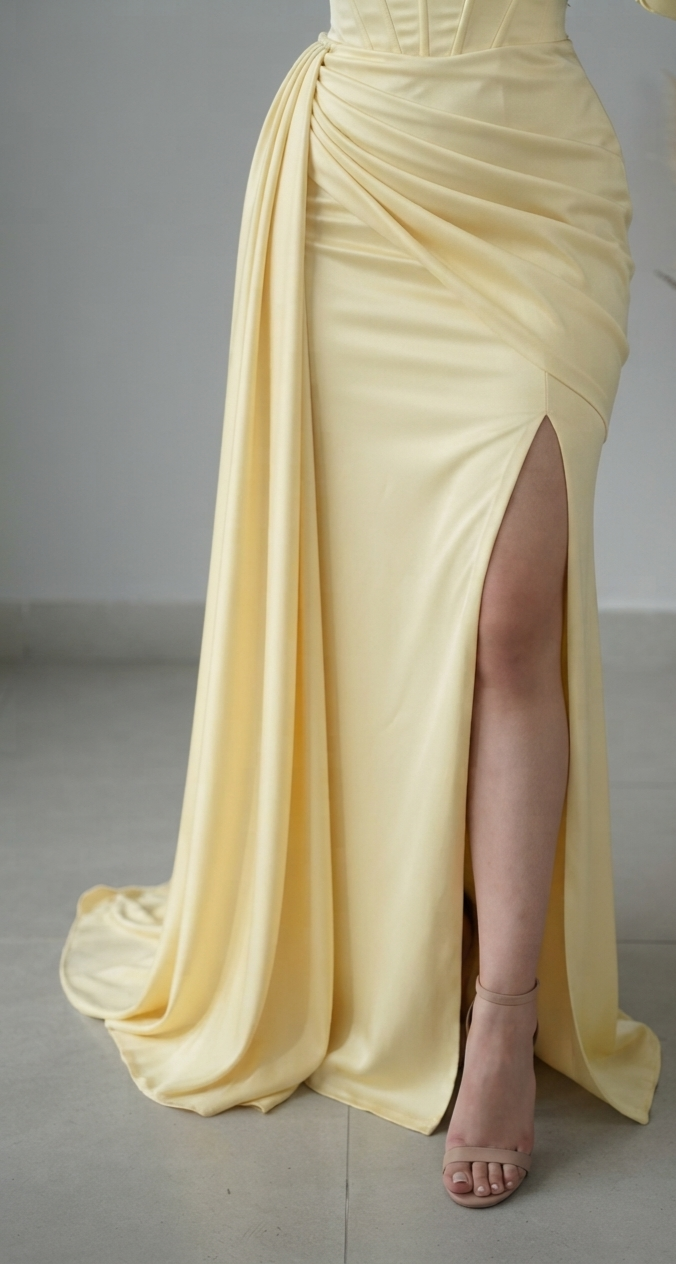 Vestido Sirena Amarillo Mantequilla con Corset y Cola