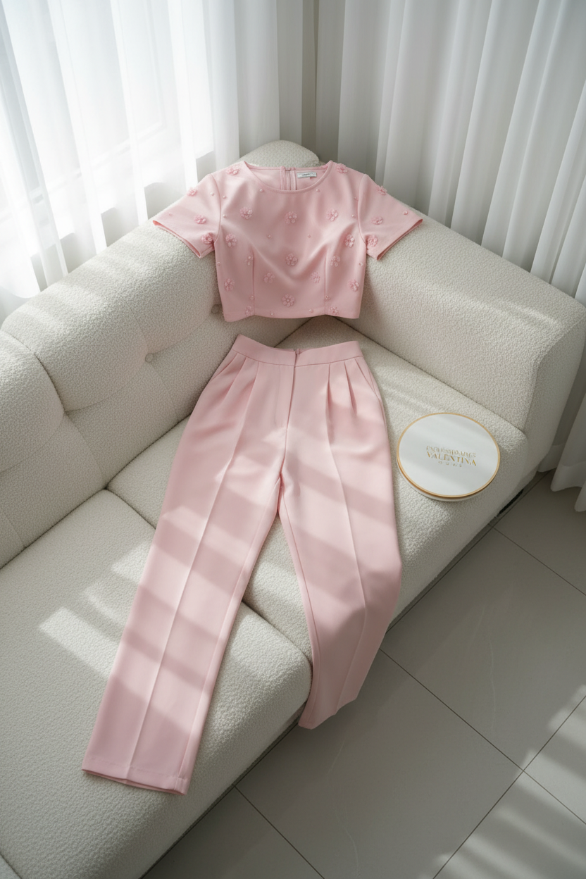 Conjunto Elegante Rosa: Top Crop con Flores 3D + Pantalón Pierna Ancha cod.310