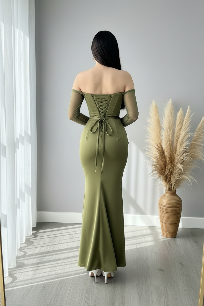 Vestido Verde Olivo Off-Shoulder Manga Tul Rosa D cod.V430