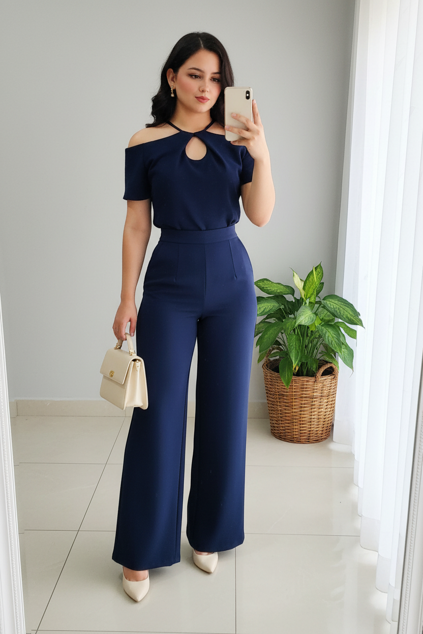 Jumpsuit Azul Marino Off-Shoulder Halter Keyhole y Palazzo cod.00141