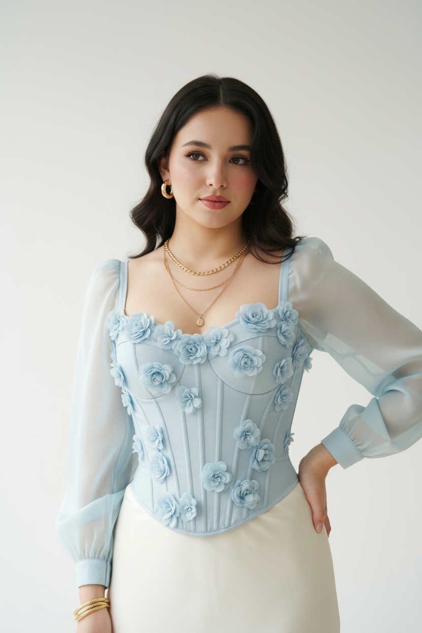 Conjunto Elegante: Corsé  Celeste con Flores 3D + Falda Blanca Sirena - Romántico cod.340