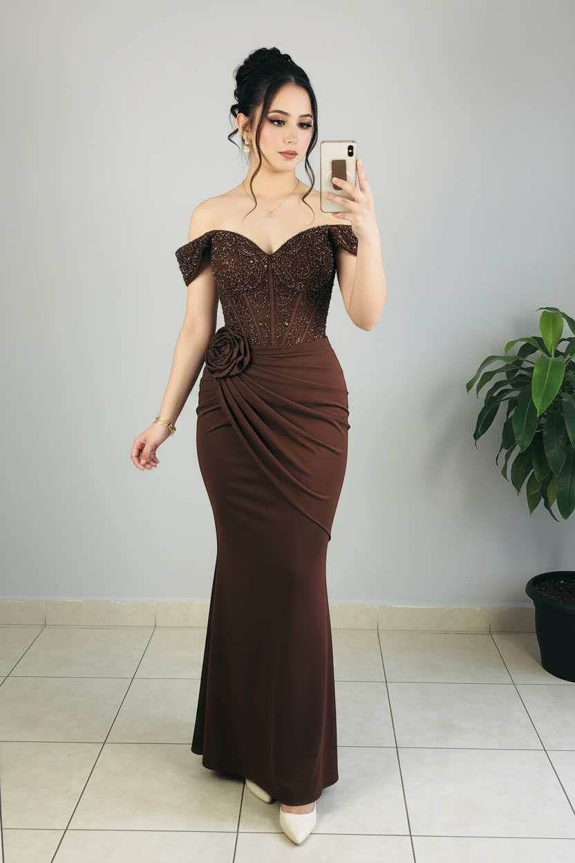 Vestido Formal Chocolate Off-Shoulder Corset de Pedrería con Rosa 3D y Falda Sirena cod.523
