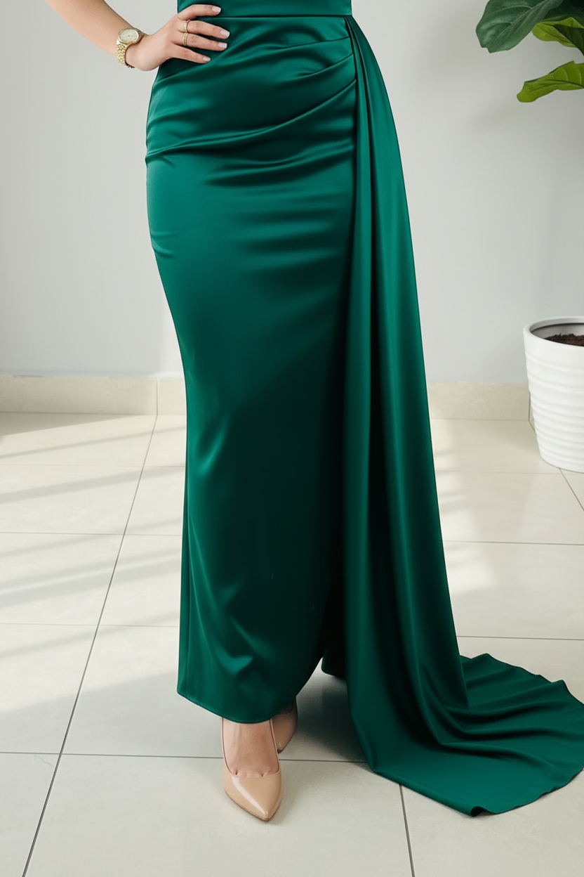 Vestido Verde Esmeralda Satínado Halter Drapeado con Cola Lateral cod.447