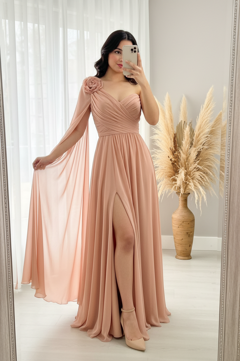 Vestido Rosa Palo One-Shoulder Chifón con Flor, Capa y Abertura cod.0081