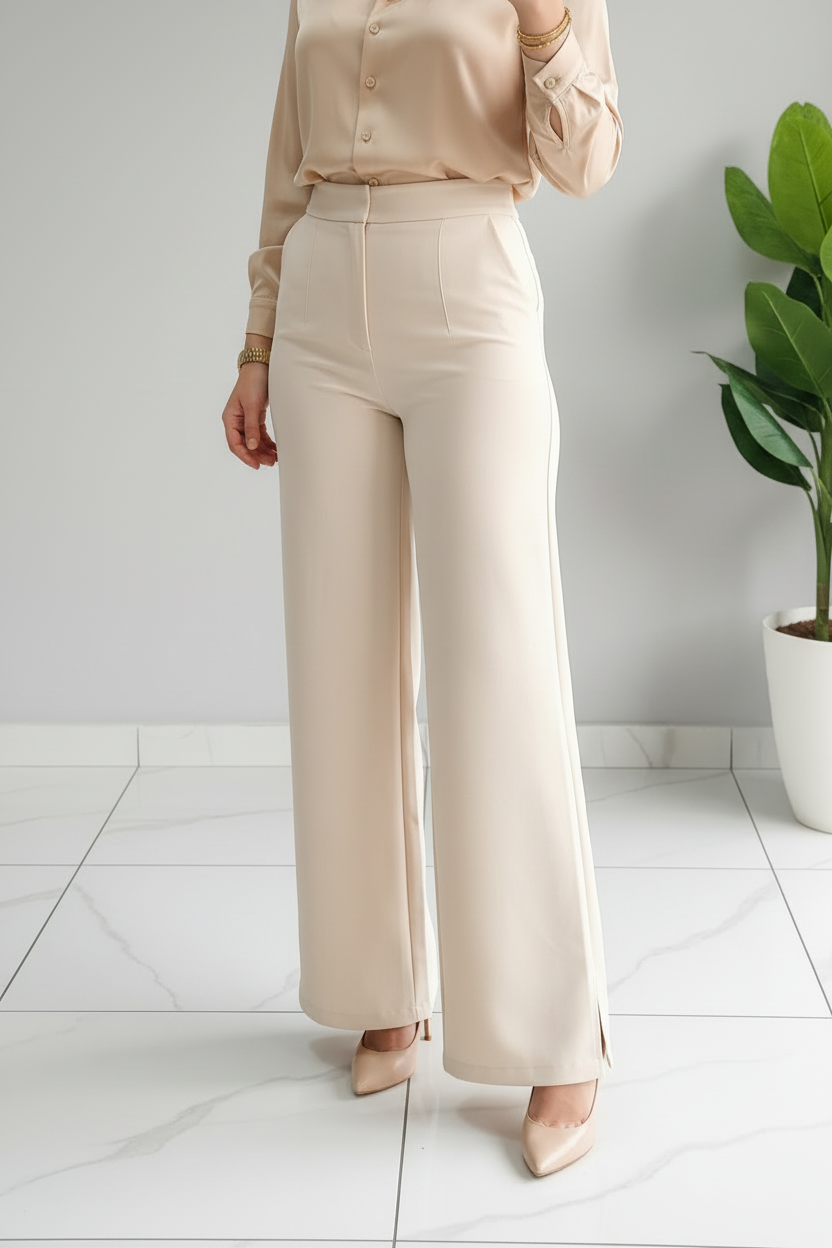 Conjunto Monocromático Beige: Camisa Satinada y Pantalón Palazzo cod.390
