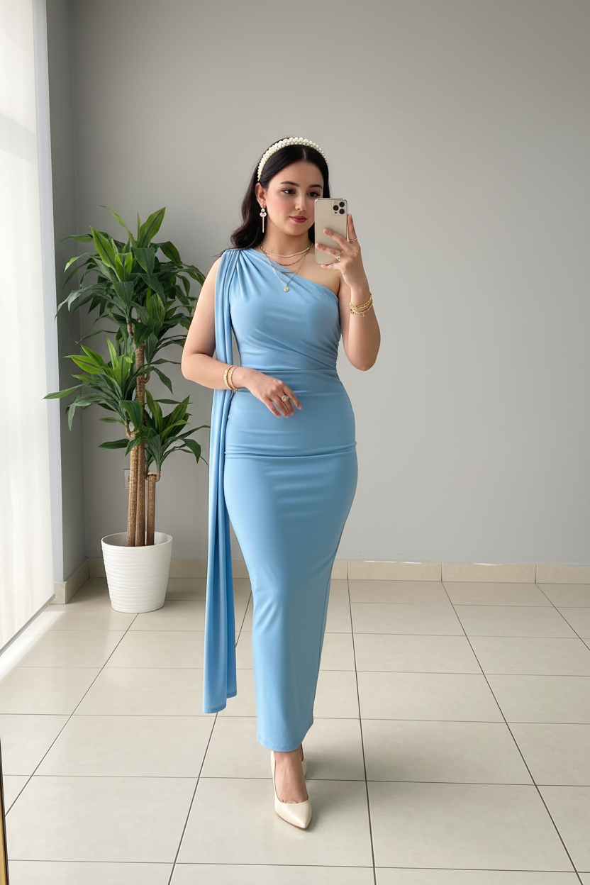 Vestido Azul Cielo Un Hombro con Capa Drape Larga cod.446