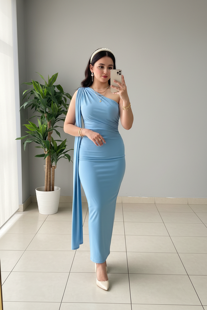 Vestido Azul Cielo Un Hombro con Capa Drape Larga cod.446