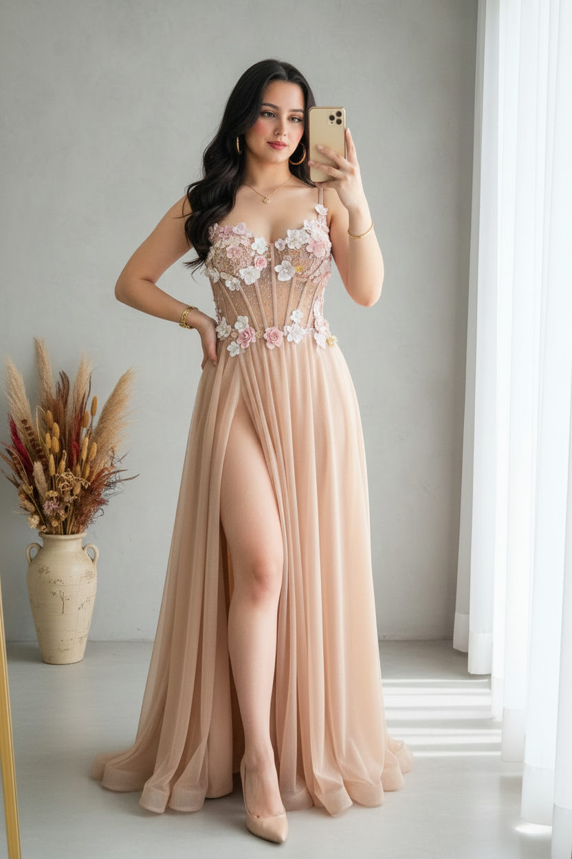 Vestido Champagne Corset Transparente Flores Rosa Largo cod.V756