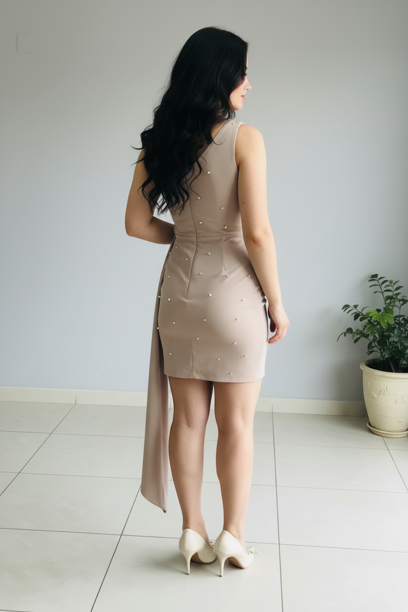 Vestido Nude Mini Un Hombro con Broche de Perlas, Drapeado y Cola de Chifón cod.485