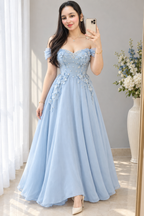 Vestido celeste corsé floral con perlas y mangas caídas cod. VC002